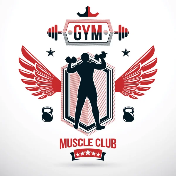 Kanatlı vektör simge kas atlet holding dumbell ve su ısıtıcısı çan spor ekipmanları kullanarak oluşur. Güç kaldırma rekabet amblemi 