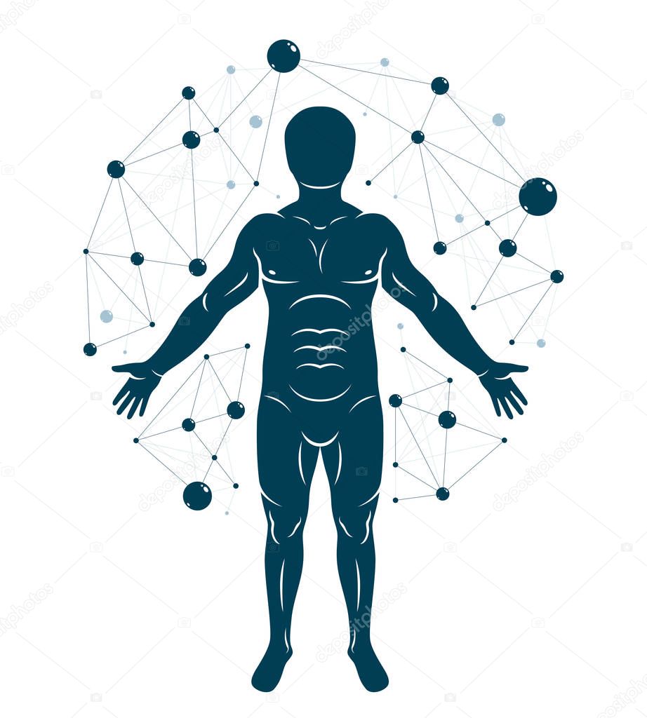 Vector graphic illustration of human, individuality created with mesh wireframe connections. Biochemistry scientific research.