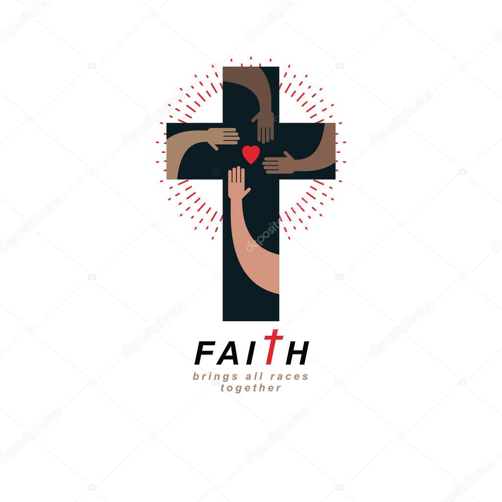 True Belief and Religion brings people together. Christian Cross true belief in God vector symbol, Christianity religion icon.