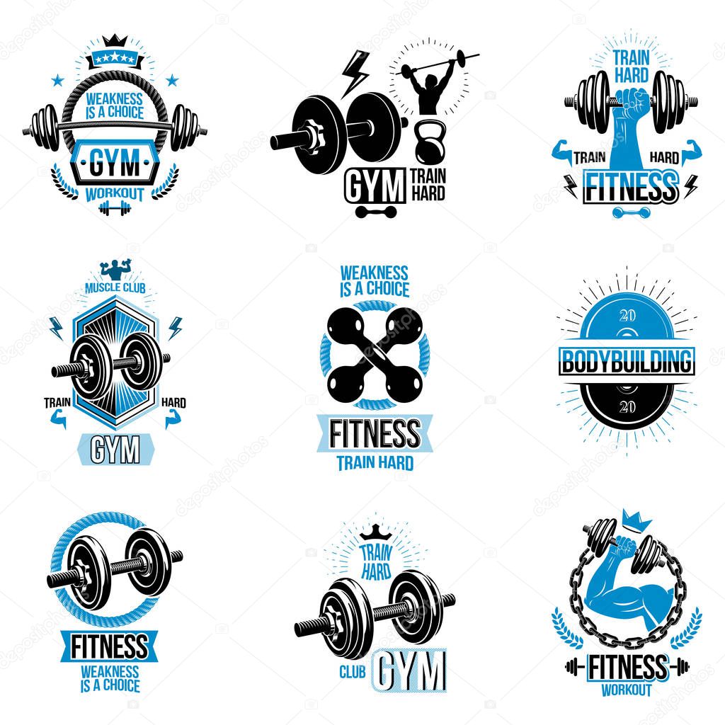 Set of vector cross fit and fitness theme emblems and motivational posters created with dumbbells, barbells, kettle bells sport equipment and muscular athlete body silhouettes.