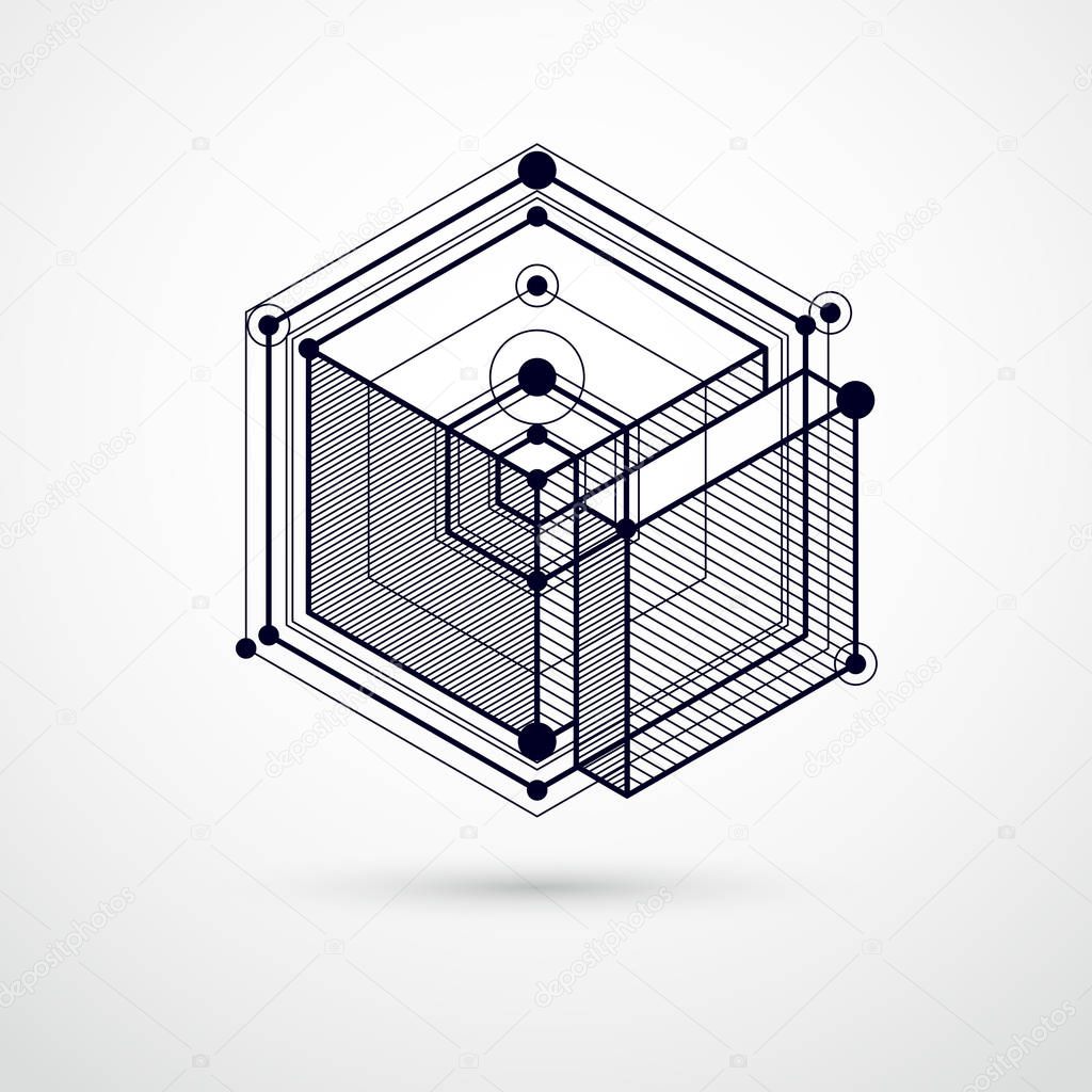Mechanical scheme, black and white vector engineering drawing with 3D cubes and geometric elements. Engineering technological wallpaper made with honeycombs.