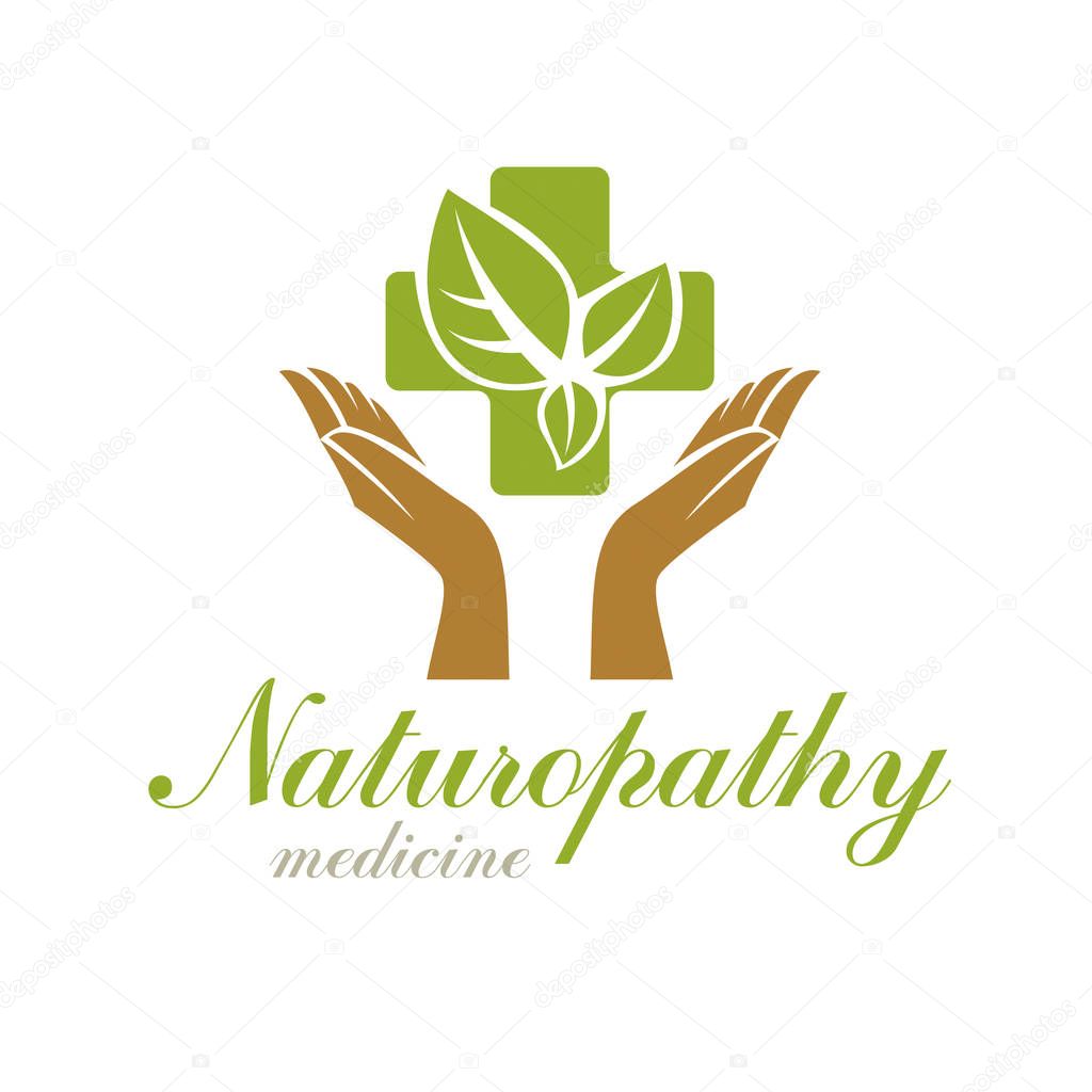 Religious Christianity cross composed with green spring leaves. Medical rehabilitation vector abstract logo, holistic medicine idea.