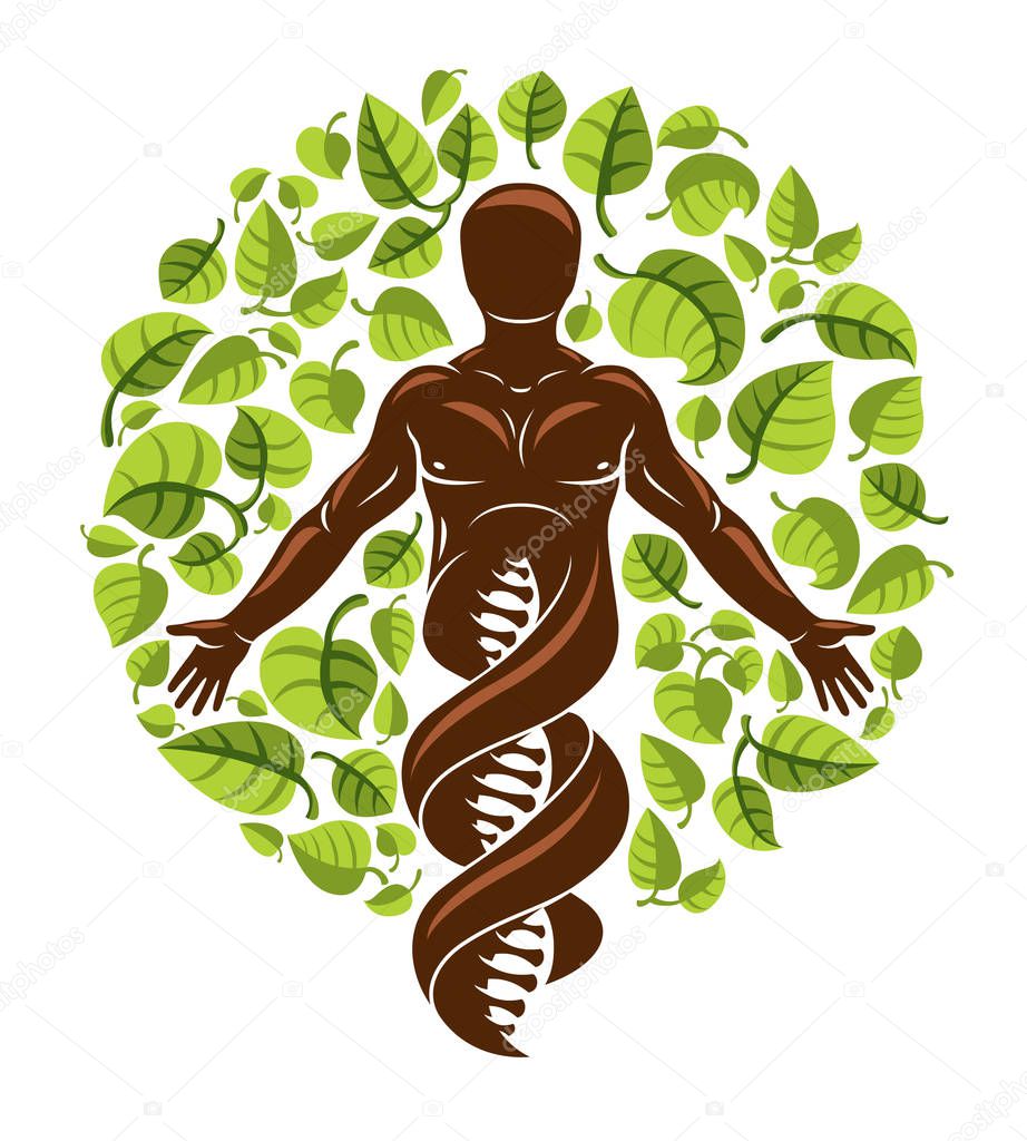 Vector individual, mystic character deriving from DNA strands and made with eco tree leaves. Recycling and reuse concept, renewable resources idea.