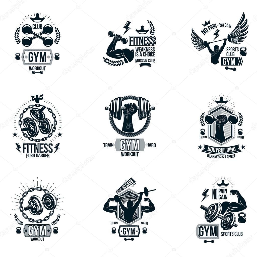 Set of vector gym theme emblems and motivational banners composed with dumbbells, barbells, kettle bells sport equipment and bodybuilder body shapes.