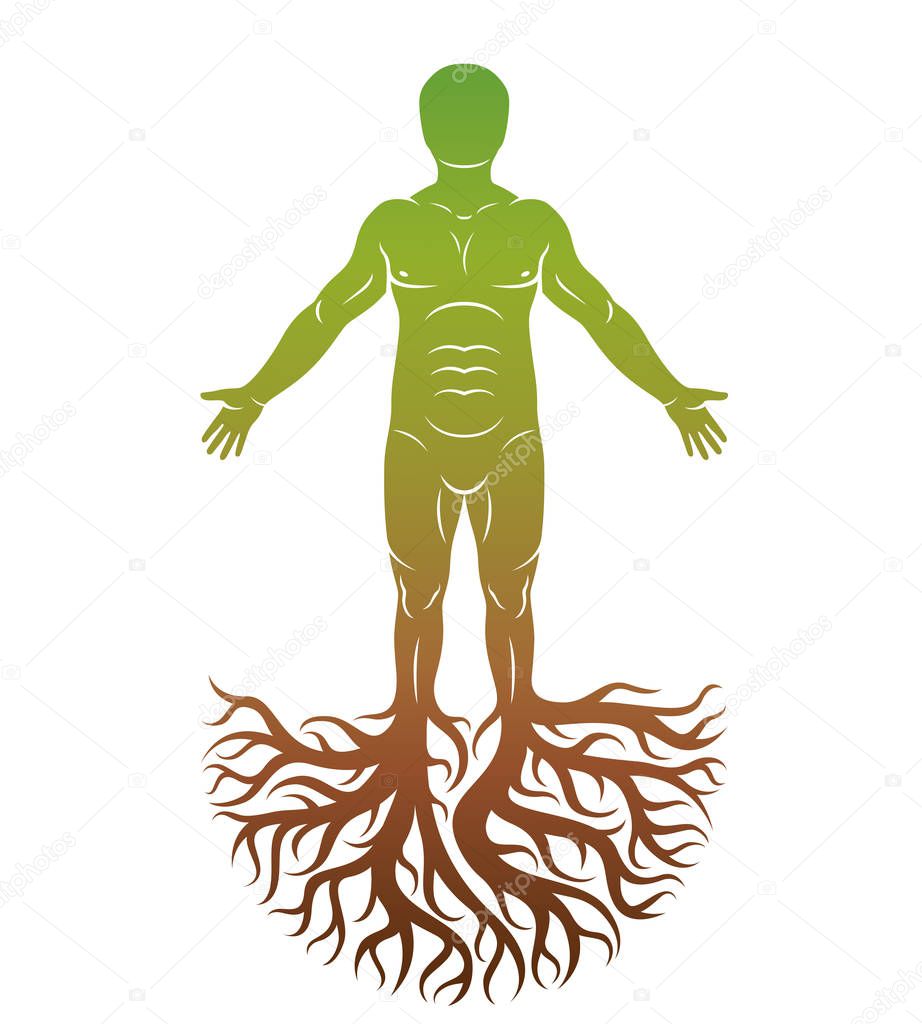 Vector human, individuality created with tree roots. Family tree, tree of life conceptual graphic illustration.