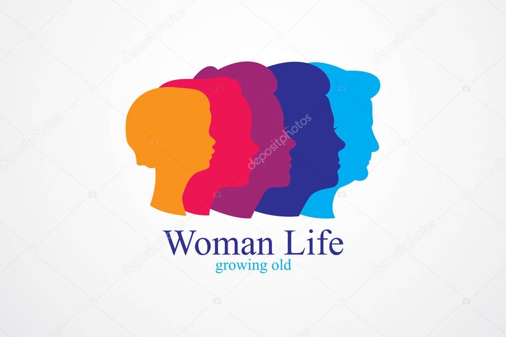 Woman life age years concept, the time of life, periods and cycle of life, growing old, maturation and aging, one generation and age categories. Vector simple classic icon or logo design.