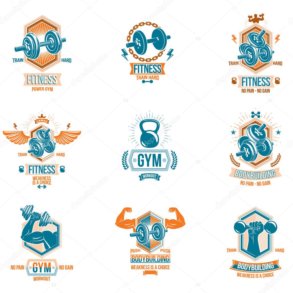 Set of vector heavy load theme symbols and advertising leaflets composed with dumbbells, kettle bells sport equipment and strong man body silhouettes.