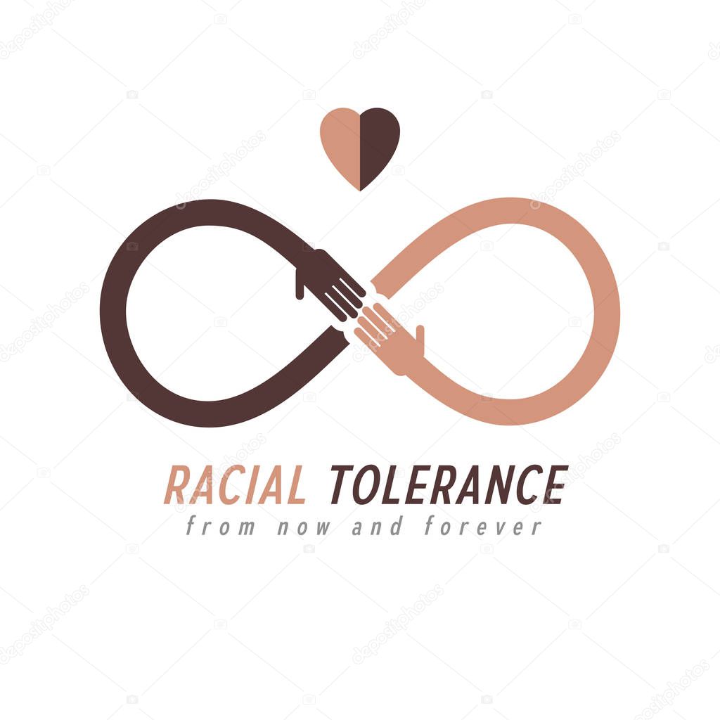 Racial Tolerance between different Nations conceptual symbol, Martin Luther King Day, Zero tolerance, vector symbol created with infinity loop sign and two hands of people of different races touching and reaching each other.