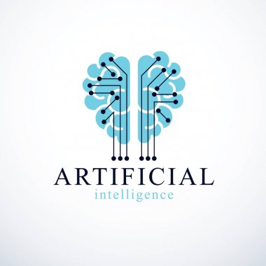 Yapay zeka konsept vektör logosu tasarımı. Elektronik teknoloji elementleri ikonu olan insan anatomik beyni. Akıllı yazılım, akıllı makineler ve bilgisayar programları hakkındaki fütüristik fikir.