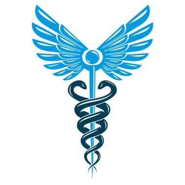 Caduceus sembolü kuş kanatları ve zehirli yılanlar kullanılarak yapıldı, sağlık hizmeti kavramsal vektör çizimi.