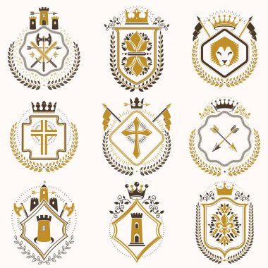 Vektör klas hanedan arması. Blazons topluluğu vintage tasarımında stilize ve oluşturulan grafik öğeleri, Kraliyet kron ve bayrak, yıldız, kuleleri, Tophane, dini haçlar.
