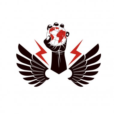 Kanatlı vektör amblemi dünya illüstrasyon ile oluşan yükseltilmiş yumruk el ile oluşur. Yetki genel kontrol ve düzenleme aracı olarak