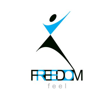 Vektör çizim ile yükseltilmiş kadar ulaşan heyecanlı soyut adam. Özgürlük kavramsal sembol. Mutluluk metafor amblemi. İş yenilik fikir yaratıcı logo. 