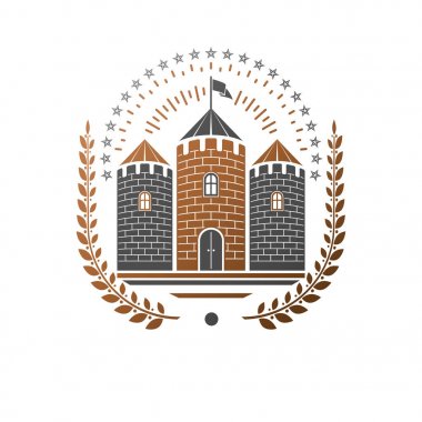 Antik Kale amblemi. Heraldic Coat of Arms dekoratif logosu izole edilmiş vektör çizimi. Beyaz arkaplanda eski tarzda dekore edilmiş logotip.