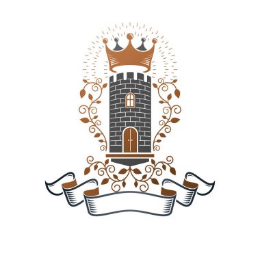 Antik Kale amblemi. Heraldic Coat of Arms dekoratif logosu izole edilmiş vektör çizimi. Beyaz arkaplanda eski tarzda dekore edilmiş logotip.