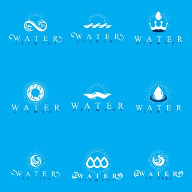 Taze maden suyu tasarım Amblemler su damlaları, H2o sembolleri, dalga sıçrama ve sınırsız Logotype gibi. Temizlik Hizmetleri iş logolar, su tedavi kavramı.