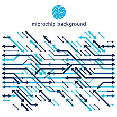 Fütürist sibernetik şema, vektör anakart çizimi. Dijital element, devre kartı. Teknoloji yeniliği oklarla soyut arkaplan.