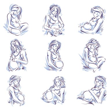 Collection of vector hand-drawn illustration of pregnant elegant woman expecting baby, sketch. Love and fondle theme. clipart