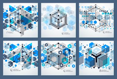 Soyut vektör geometrik izometrik mavi arka planlar set. Mekanik düzeni, vektör çizim küp ve geometrik mekanizma parçaları ile mühendislik.