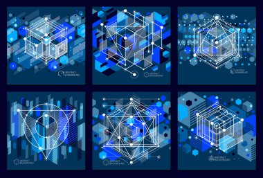 Modern izometrik vektör soyut koyu mavi arkaplan ve geometrik element. Küpler, altıgenler, kareler, dikdörtgenler ve farklı soyut elementlerin yerleşimi. 