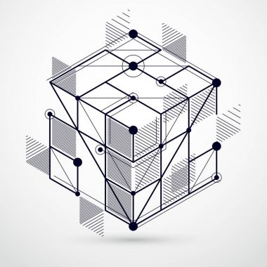 Moda geometrik vektör şablonu, desenli soyut küp örgü siyah ve beyaz zemin. Teknik plan, grafik ve web tasarımı için soyut mühendislik taslağı.