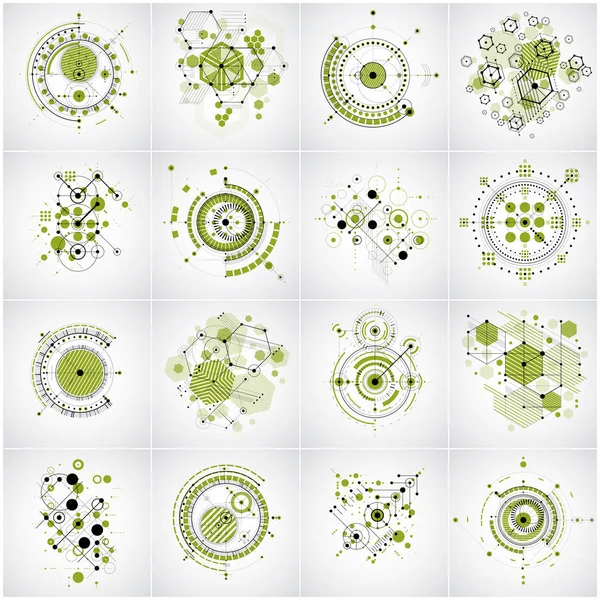 Набор Векторных Абстрактных Зеленых Фонов Созданных Стиле Ретро Bauhaus Инженерные — стоковый вектор