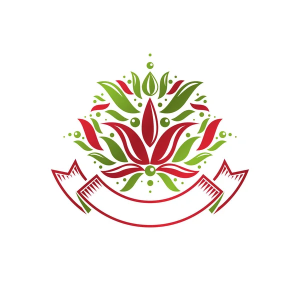老式的纹章矢量徽章组成与百合花卉皇室标志 生态友好的产品的标识 环境保护的主题图 — 图库矢量图片