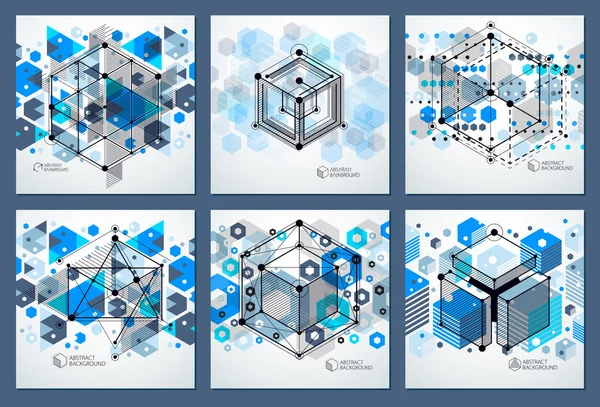 Soyut vektör geometrik izometrik mavi arka planlar set. Mekanik düzeni, vektör çizim küp ve geometrik mekanizma parçaları ile mühendislik.