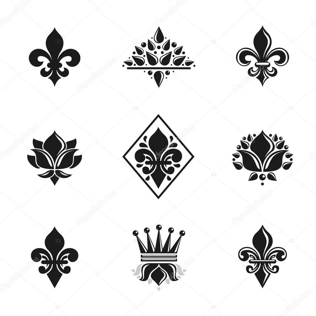 Royal symbols Lily Flowers, floral and crowns, emblems set. Heraldic vector design elements collection. Retro style label, heraldry logo.