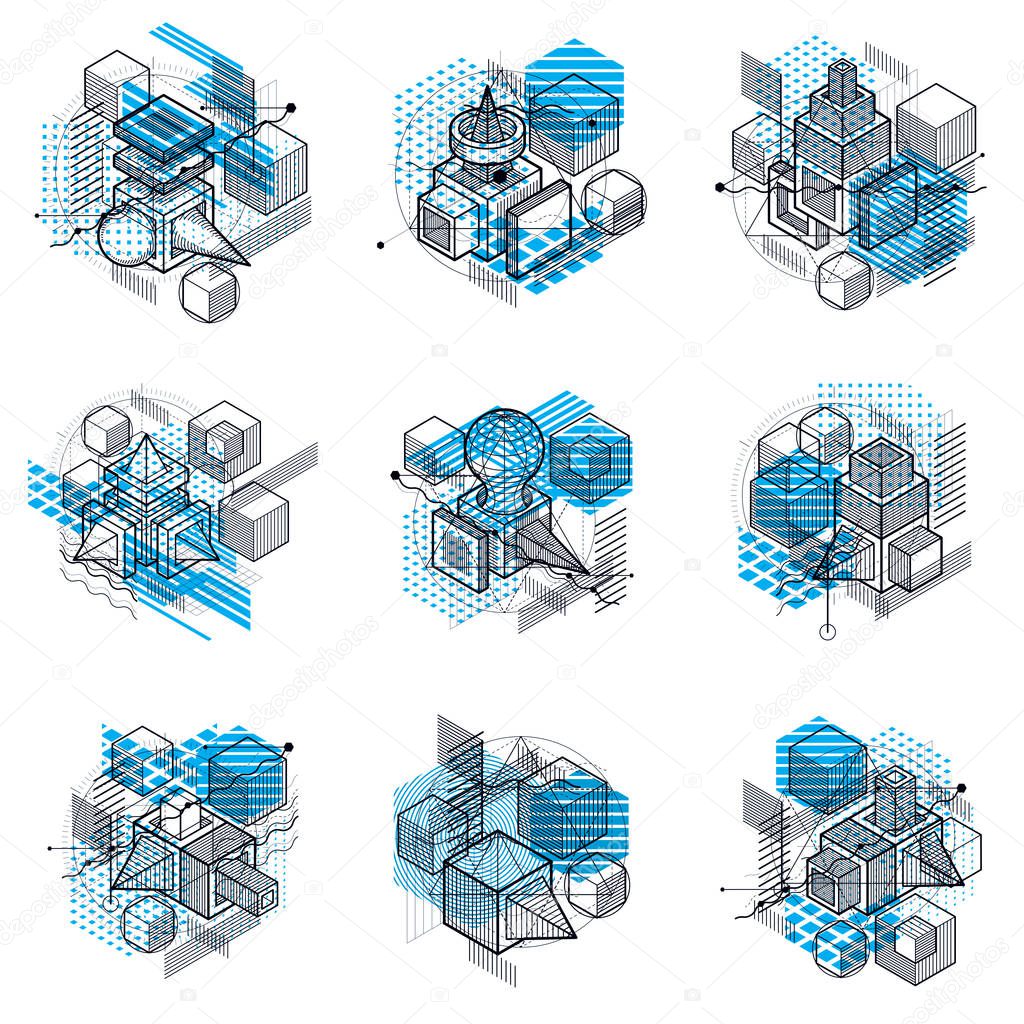 3d abstract vector isometric backgrounds. Layouts of cubes, hexagons, squares, rectangles and different abstract elements. Vector collection.