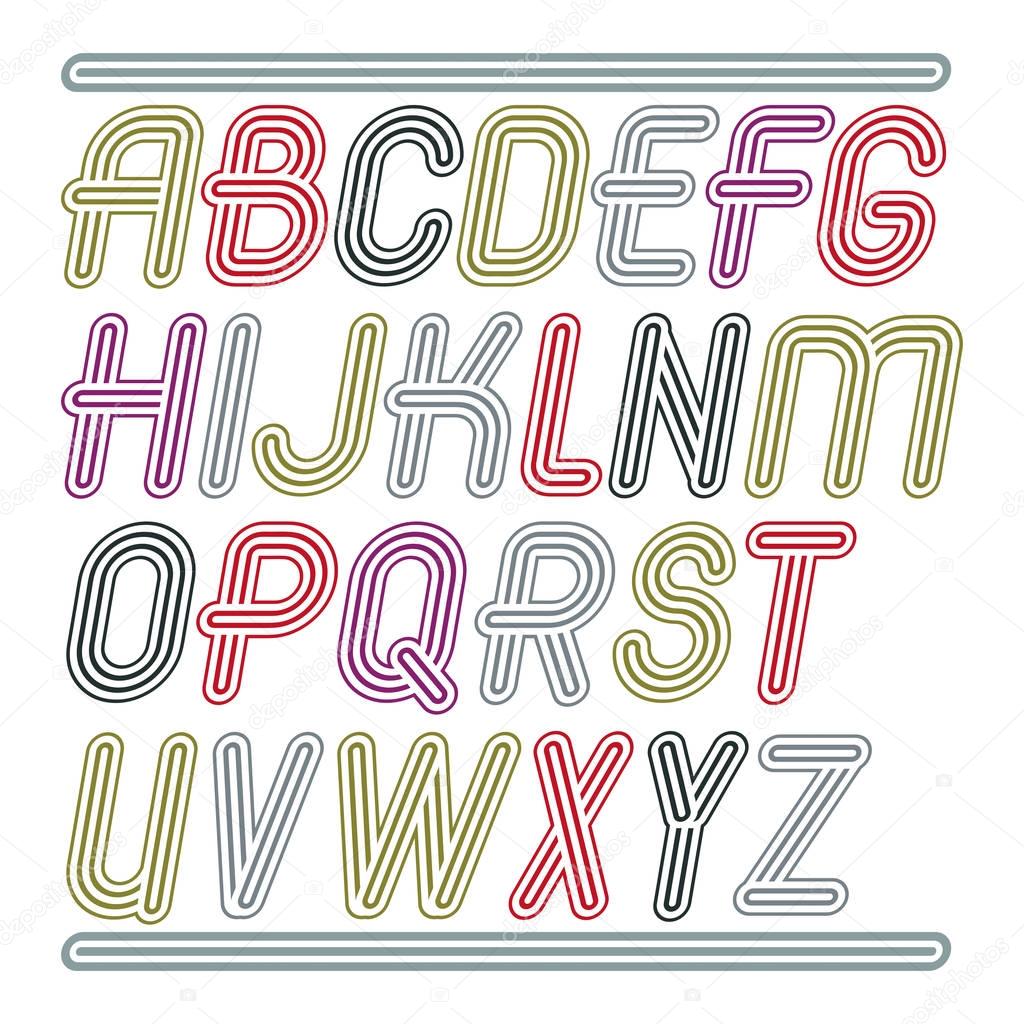 Set of trendy modern vector capital alphabet letters isolated. Disco cursive font for use as business poster design elements. Made with triple stripy decoration.