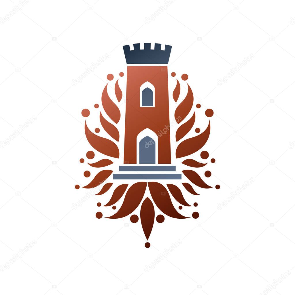 Medieval fortress decorative isolated vector illustration. Antique Fortress logo in old style on isolated white background.