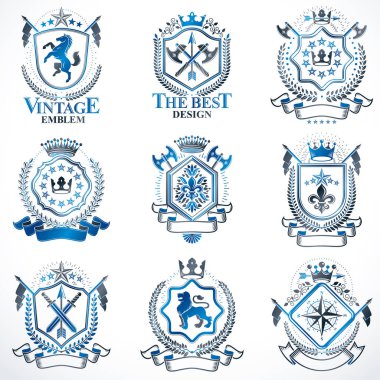 Vintage Amblemler kron, yıldız, kuş kanatları, Tophane ve hayvanlar gibi dekoratif öğeler kümesi