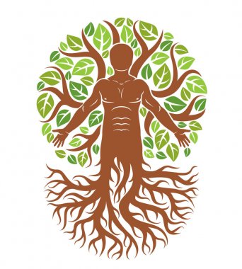 Beyaz arka plan üzerinde güçlü erkek vücudunun siluet Ağaç kökleri ve yeşil yaprakları