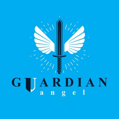 mavi arka plan üzerinde kuş kanatlı kılıç