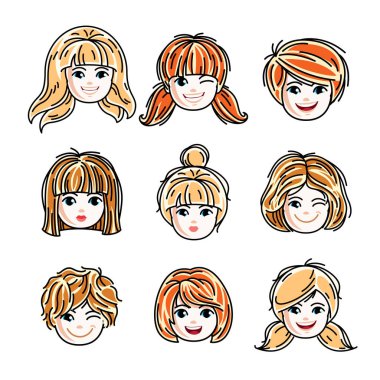 Sevimli gülümseyen kız yüzleri olumlu duygular ifade topluluğu