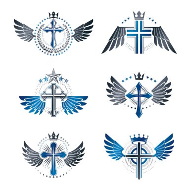 Beyaz arka plan üzerinde Hıristiyan haçlar amblemleri ayarla