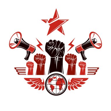 Şablon yükseltilmiş sıkışık yumruk agresif insanlar ve dünya gezegen ile