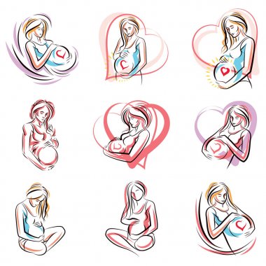 Set of pregnant woman body silhouette  clipart