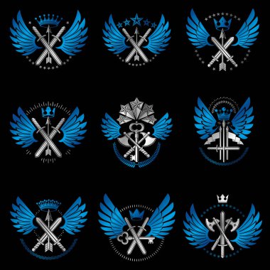 Vintage silah Amblemler siyah arka plan üzerine kümesi