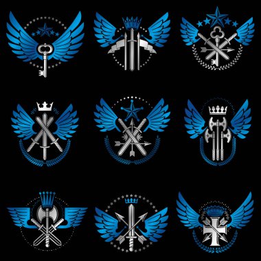 Vintage silah Amblemler siyah arka plan üzerine kümesi