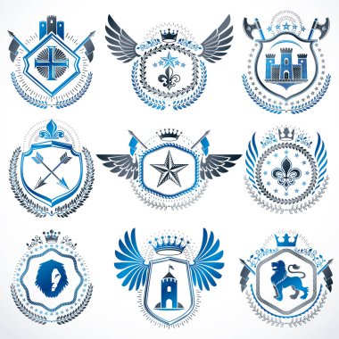 Vintage Amblemler kron, yıldız, kuş kanatları, Tophane ve hayvanlar gibi dekoratif öğeler kümesi