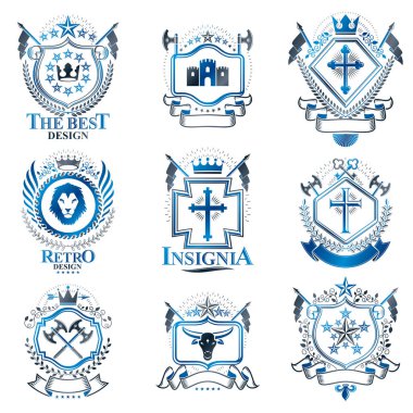 Vintage Amblemler kron, yıldız, kuş kanatları, Tophane ve hayvanlar gibi dekoratif öğeler kümesi