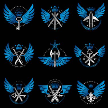 Vintage silah Amblemler siyah arka plan üzerine kümesi