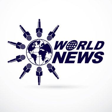 Dünya gezegen mikrofonlar ile çevrili logolu sosyal telekomünikasyon