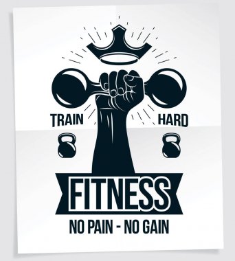 Fitness kulübü reklam posteri ile kas vücut geliştirmeci kol dumbbell Spor donatımı tutar