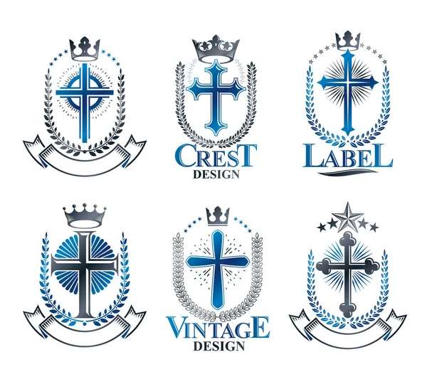 Set Christian Crosses Emblems White Background — Stock Vector