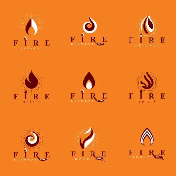 Ensemble Symboles Flamme Brûlante Chaud Sur Fond Orange — Image vectorielle