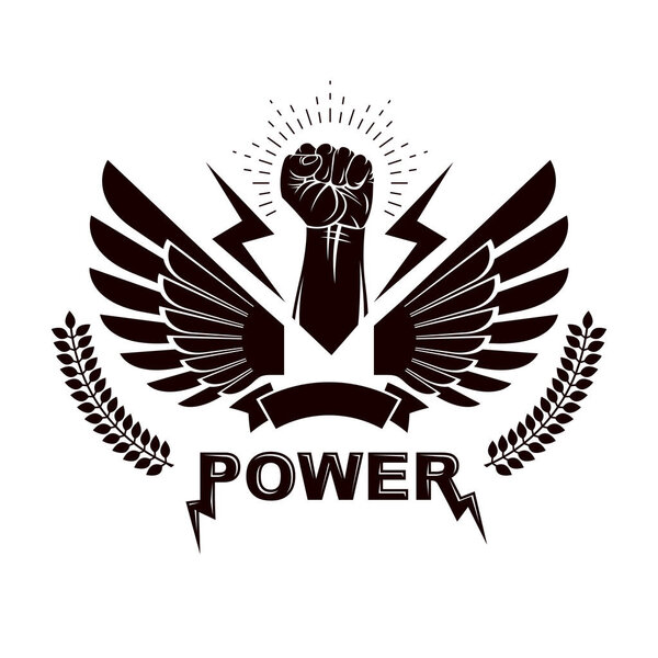 Поднятый сильный сжатый кулачный крылатый логотип
