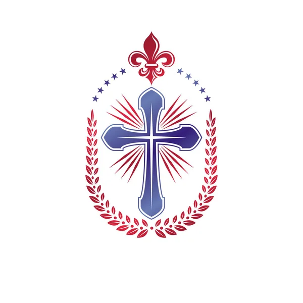 Christliches Kreuz Dekoratives Emblem Auf Weißem Hintergrund — Stockvektor
